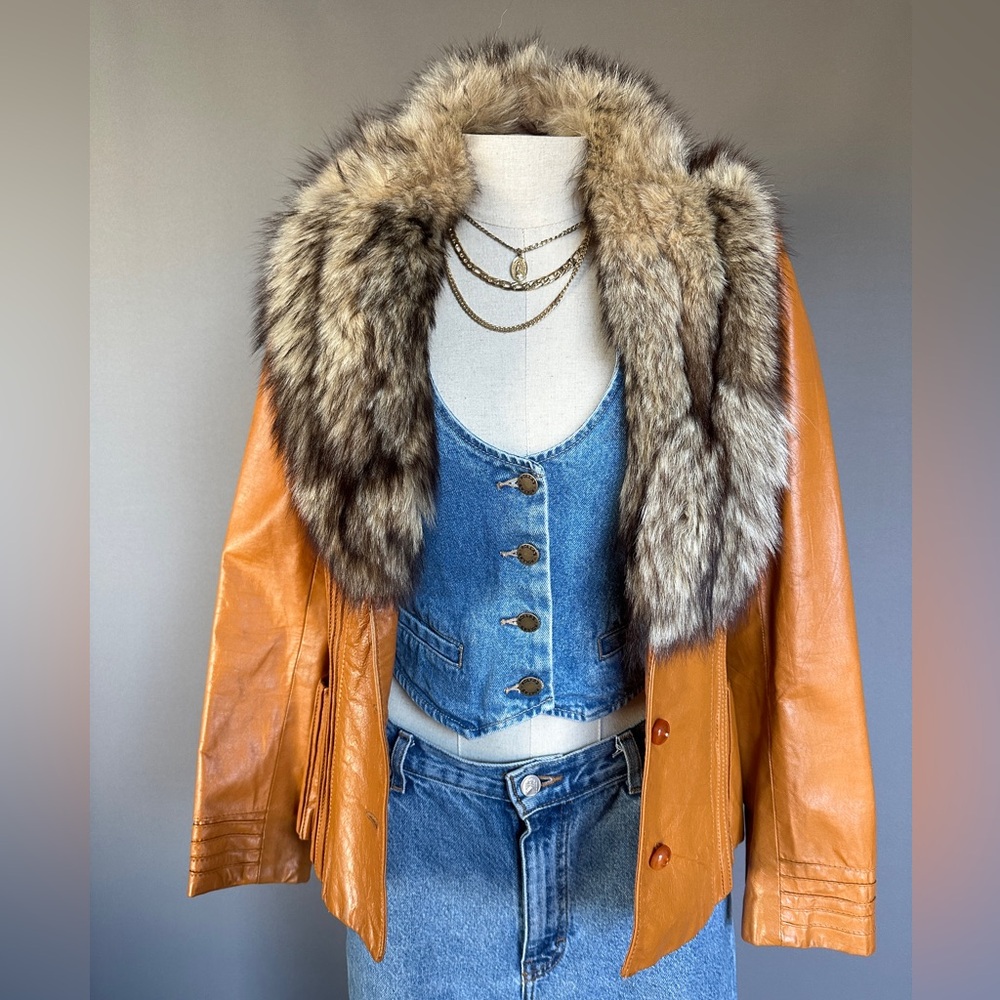 Rare Vintage 1970s Orange Brown Leather and Fur Jacket